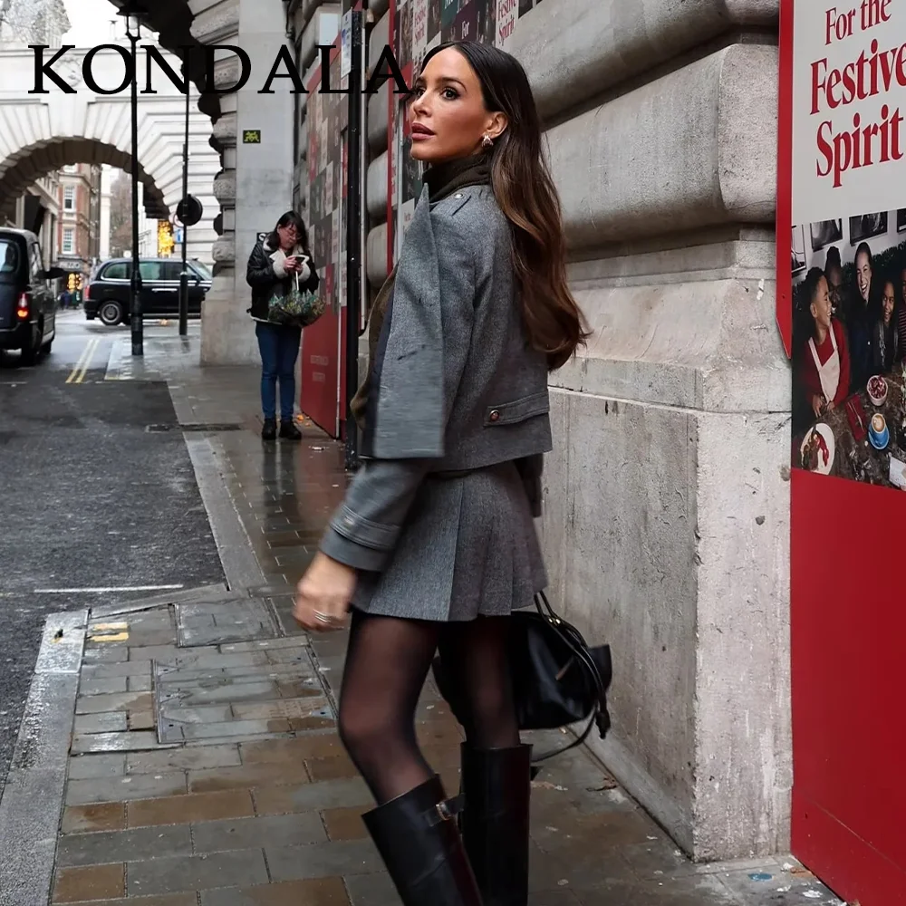 KONDALA 2025 Fall Winter Streetwear Women Suit Fashion Double Breasted Epaulet O Neck Jackets Chic Sashes Pleat Girl Mini Skirt
