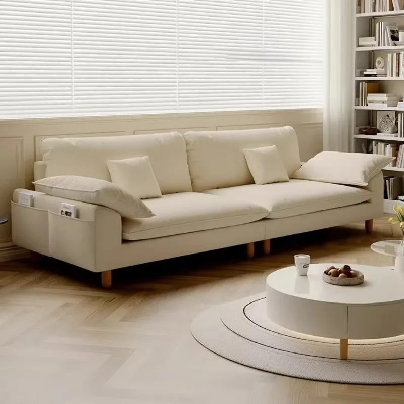 French-Style Creamy Cotton-Linen Fabric Three Seat Removable Washable Sofa Down-and-Wool Filling Modern Simple Living Room