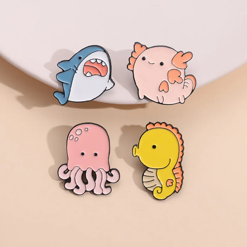 3-10pcs Cute Marine Creatures Enamel Pins Set Axolotl Sharks Cartoon Animal Brooch Lapel Badge Jewelry Gifts for Kids