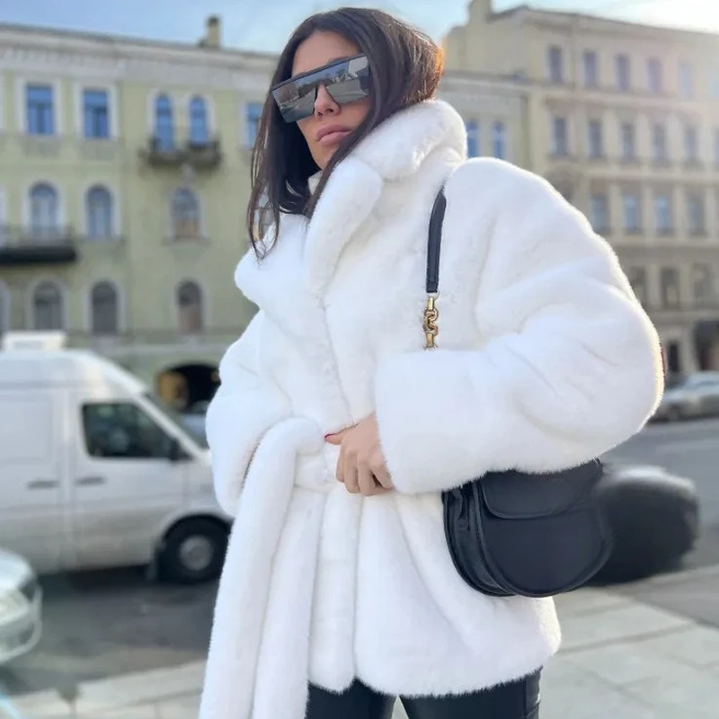 

Fur Jacket Imitation Rabbit Fur Lapel Thickened Thermal Belt Belt Coat Women's Plush