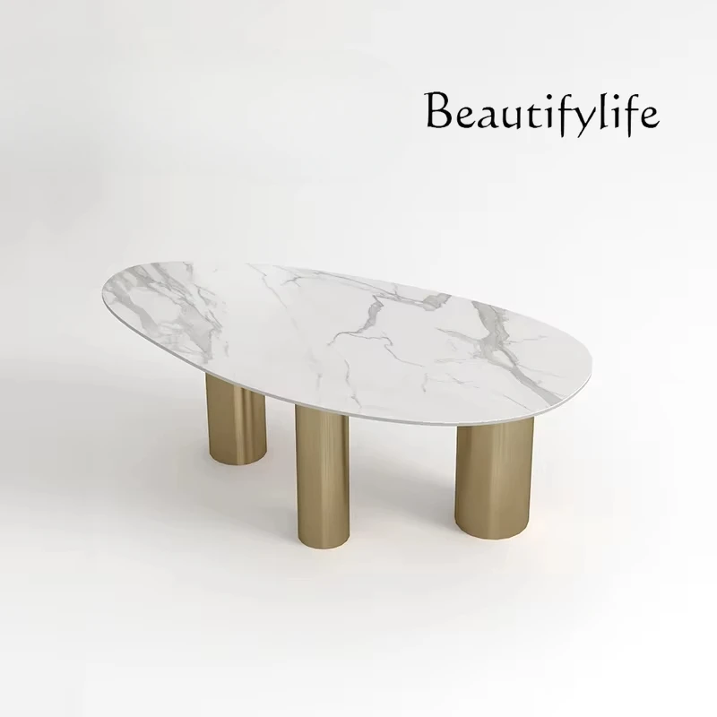

Premium special-shaped rock slab dining table, light luxury wabi-sabi wind and water drop-shaped oval table