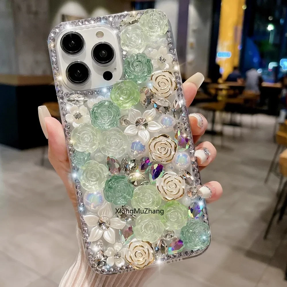 Luxuriöse Strass-Perlen-Blumenhülle für iPhone 16 Pro Max 15 14 13 Pro 12 Mini 11 Pro Max 15 17 18 Pro Kristall-Mädchen-Handyhülle – Detail 6