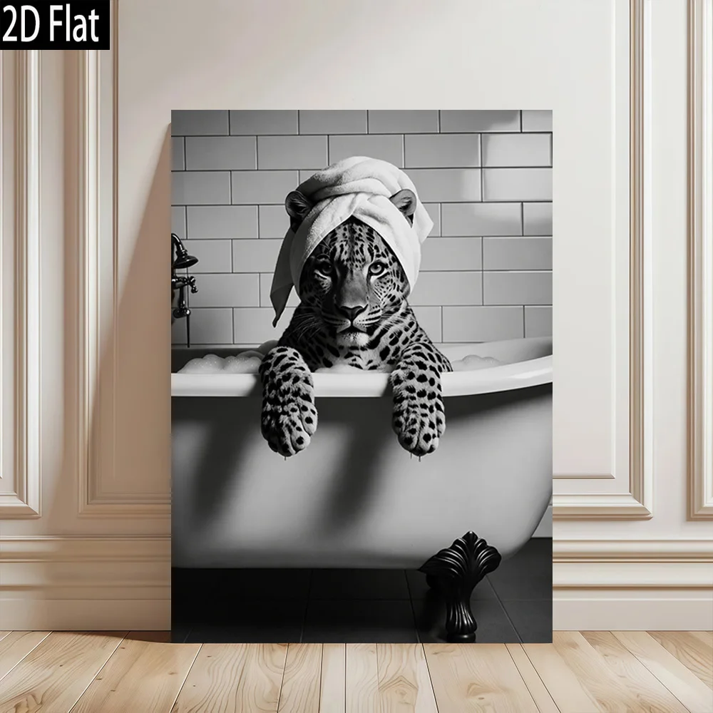 2D Flat, 2D Flat 1pc Leopard Bath Time Black And White Art Frameless Canvas Wall Art Modern Retro Style High Quality Print Pe