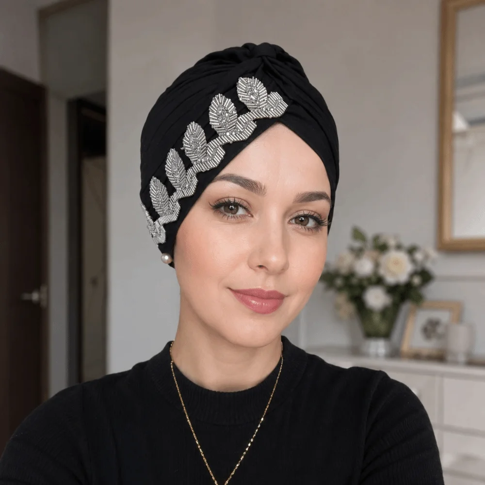 Fashion Solid Color Side Leaf Rhinestones Headscarf Versatile Breathable Cross Knot Headwrap Elegant Soft Headwrap Hat Daily Use