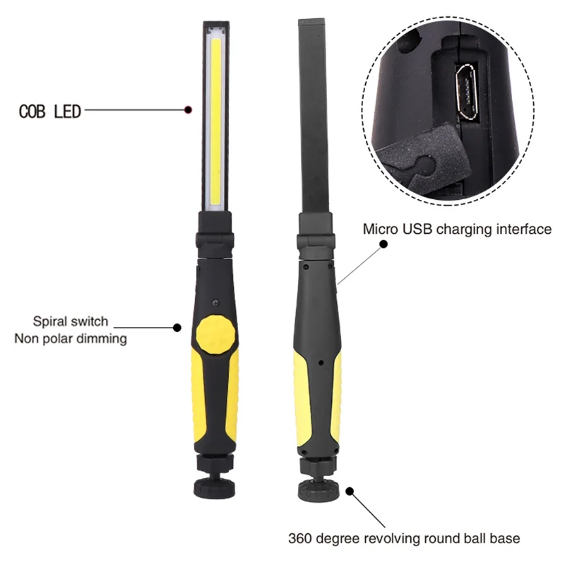 แบบชาร์จไฟได้ COB ไฟ LED ทำงานแบบพกพา Handled พับไฟฉายไฟฉายแม่เหล็กตะขอสำหรับ Camping กลางแจ้งที่ซ่อมรถ