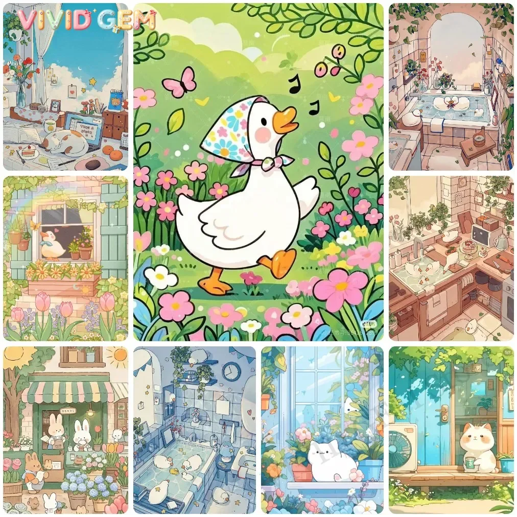 VIVID GEM Cute Cartoon Animals Diamond Painting, Whimsical Ducks, Cats and Rabbits Handmade Exquisite Creative Gift Home Decor