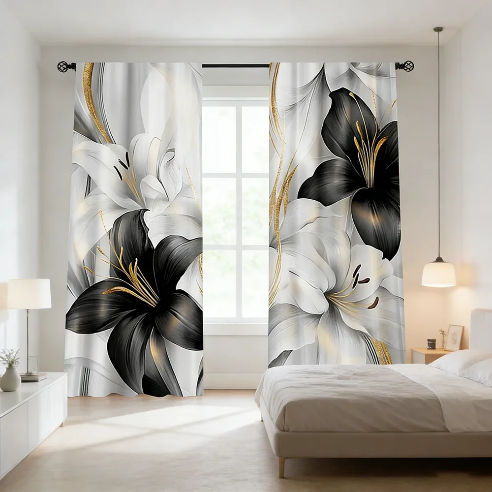 2PCS Digital Printed Curtains, Black Gold Luxury Flower Opulent Metallic, Modern Home Decor Style for Living Room Bedroom Decor