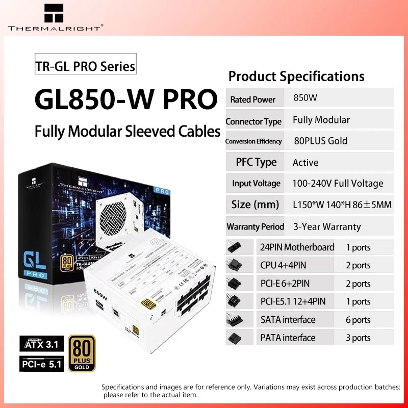 Thermalright TR-GL850-W PRO 80PLUS Gold Fully Modular ATX3.1 White PSU, Textured Cable Version