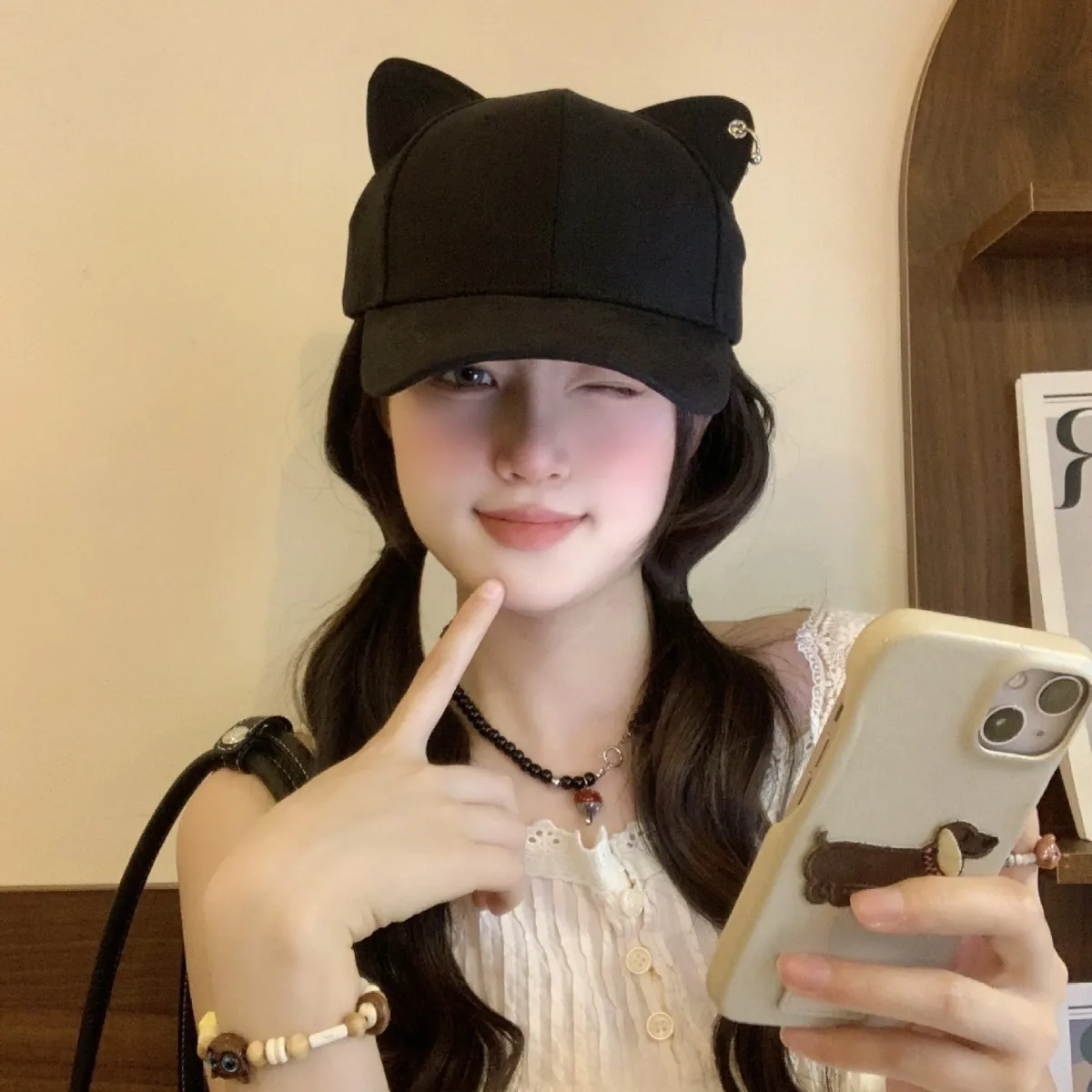 Wholesale Cute Sweet 3D Cat Ear Baseball Cap for Women, Spring Summer Slim Hard Top Sun Protection Korean Style