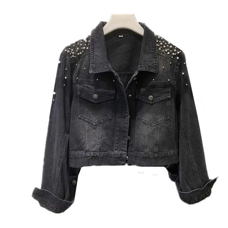 Vintage Beading Denim Jacket Women High-End Short Jean Coat Autumn New Long Sleeve Black Tops Female Loose Cowboy Outerwear T365