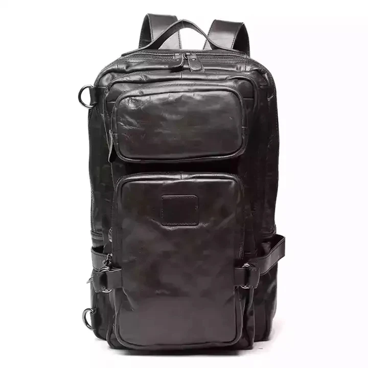 

Fashion Zipper Closure Genuine Real Leather Black Man's Simple School Leather Backpack