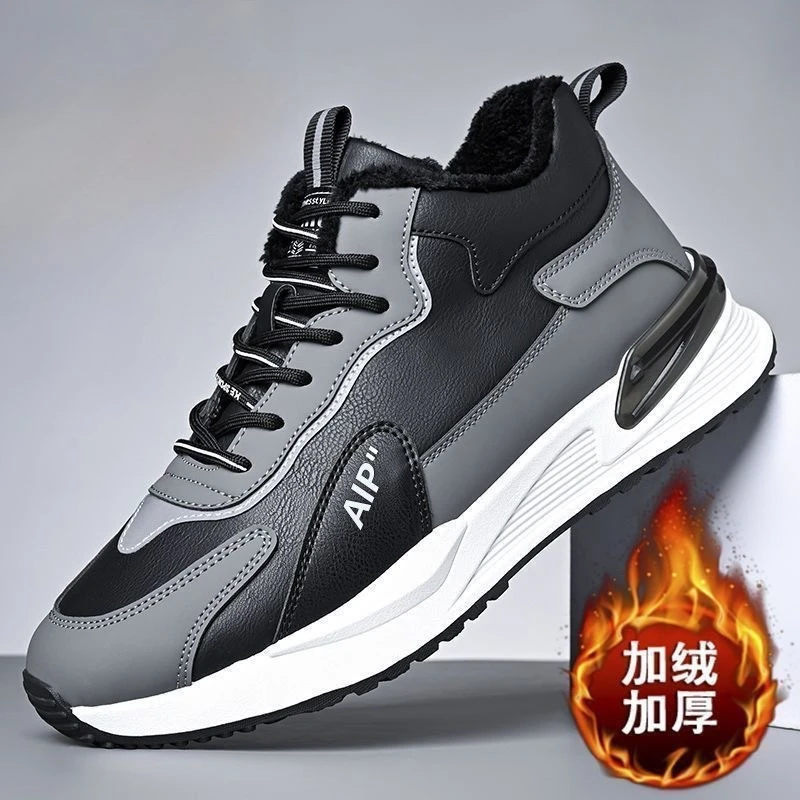New Fleece Men's Sneaker Comfortable Leather Upper Warm Men Shoes Soft-soled Sports Running Shoes Versatile Travel Driving Shoes