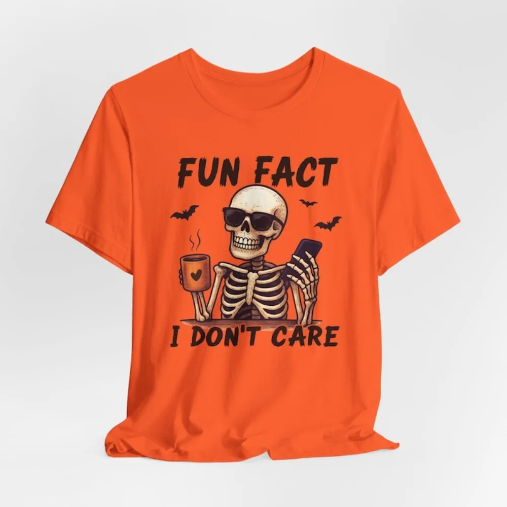 Funny Skeleton Tee Fun Fact I Don't Care Men Shirt Halloween Graphic T-Shirt Unisex Casual Top Unique Gift for Friends
