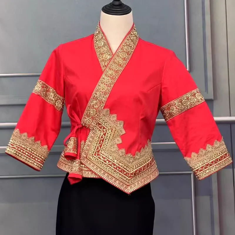 chinese-xishuangbanna-dai-women's-middle-sleeve-top-employee-uniform