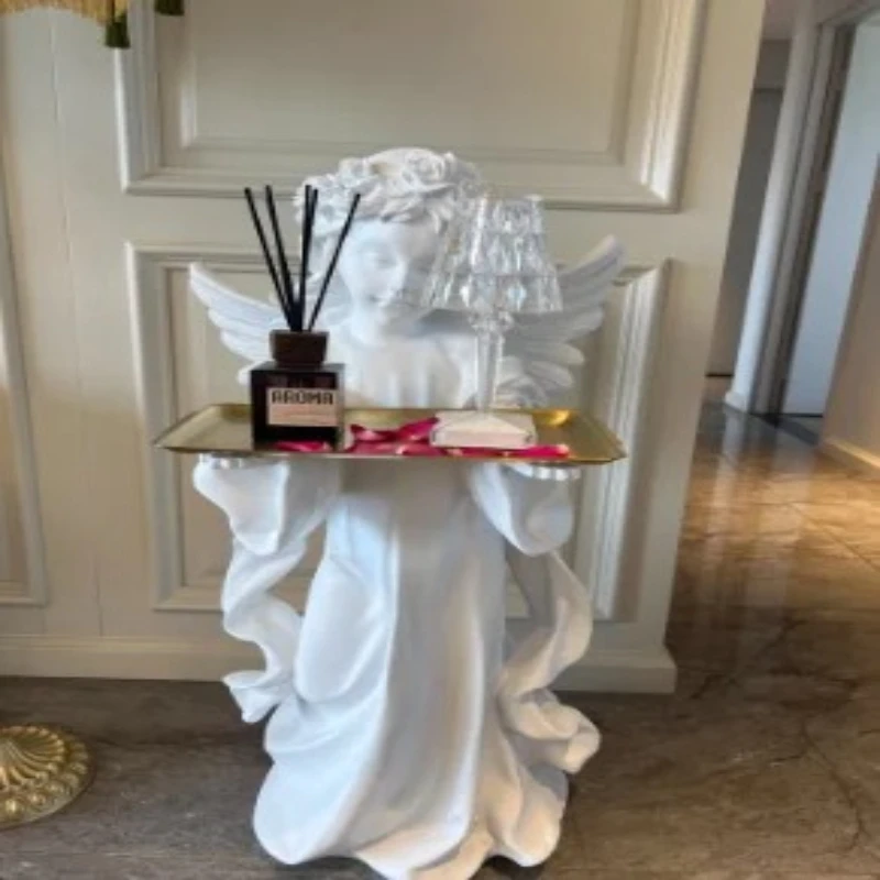 Large French Angel Statue - Vintage Welcome Floor Decor with Tray, Rustic Farmhouse Entryway Accent for Porch Home Decoration