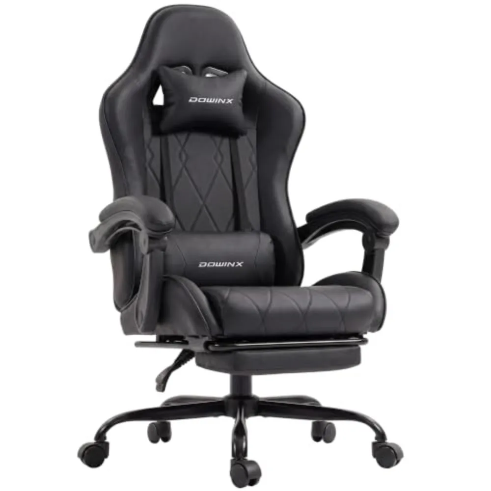 Gaming Chair with Footrest, Ergonomic Office Chair, Black | PU leather over high-density foam with lumbar support