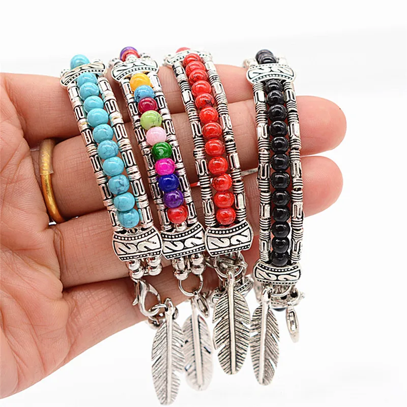 Fashion Tibetan Silver Feather Bangle Women Gypsy Turquoise Vintage Bohemian Bracelet