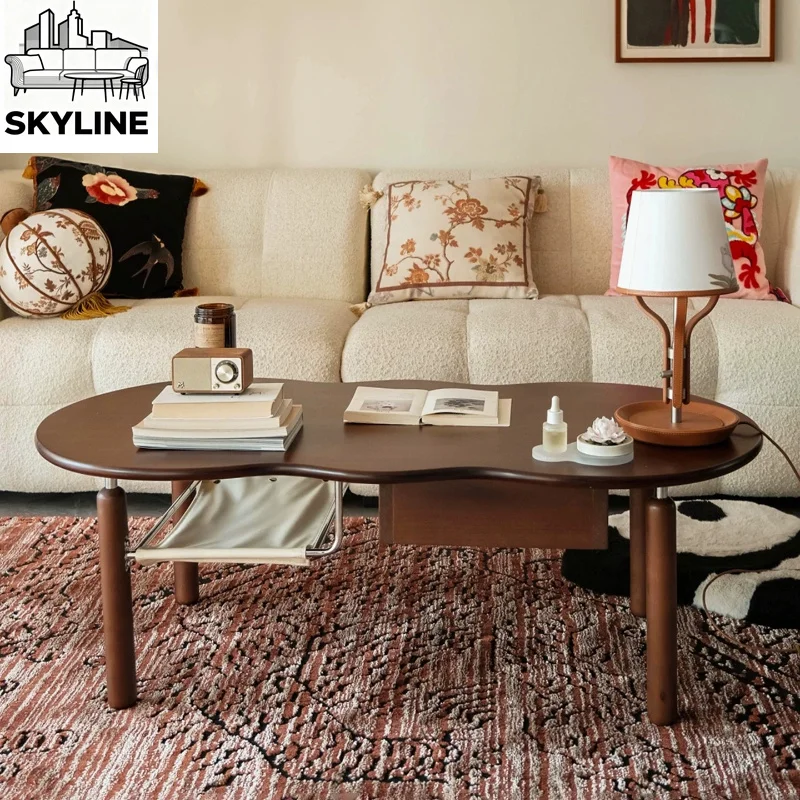 Solid wood coffee table living room home mobile table creative cloud sofa walnut