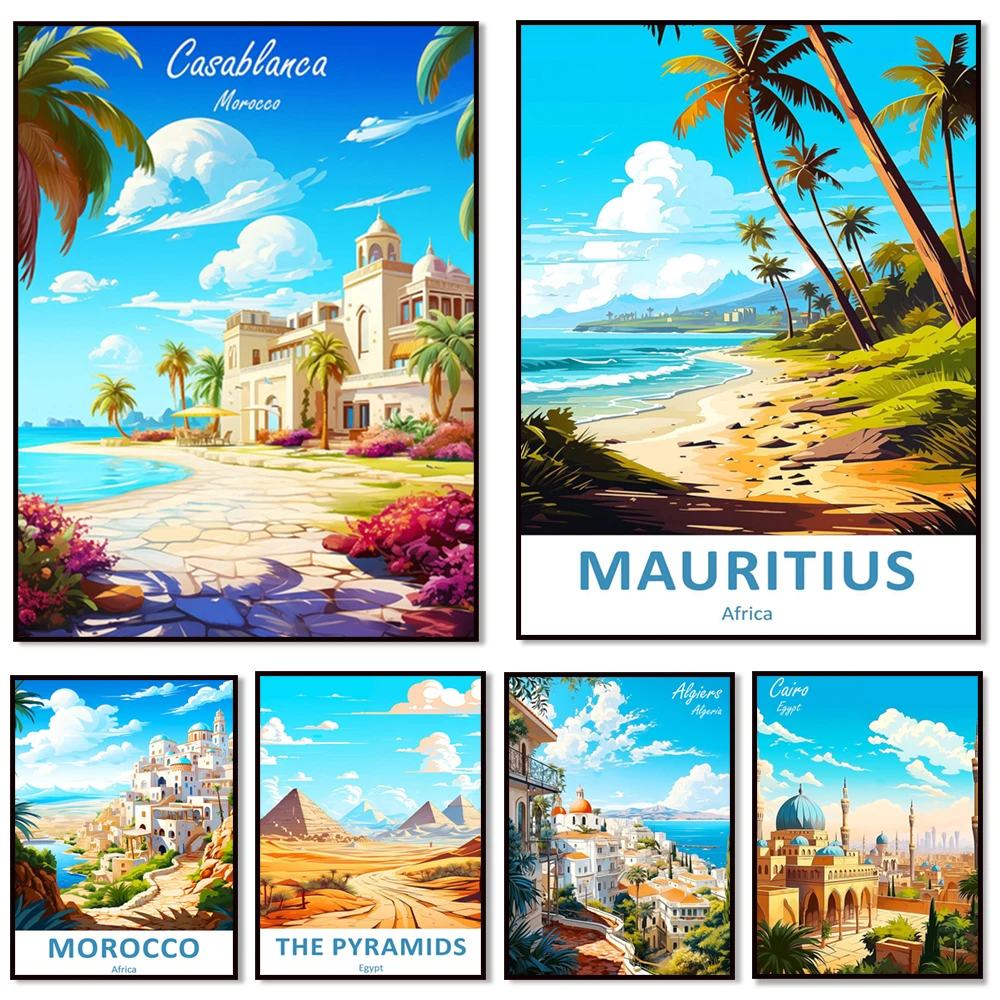 Maasai Mara, Cairo, Algiers, Cape Town, Casablanca, Marrakech, Mauritius, Tunisia Africa, African jungle, island, travel poster