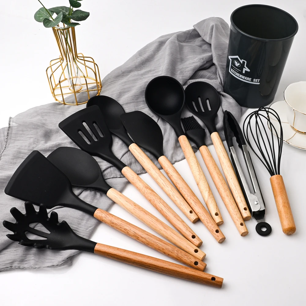 

Zoseil 12Pcs Non-stick Cookware Silicone Cookware Set Black Soup Wooden Handle Shovel Artificial Chaff Colander Kitchenware