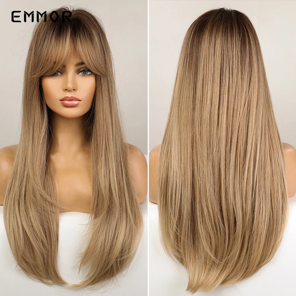 Emmor Synthetisch Zwart Wortel Ombre Light Golden Blond Steil Haar Pruiken Met Pony Hoge Temperatuur Cosplay Daily Pruik Voor Vrouwen