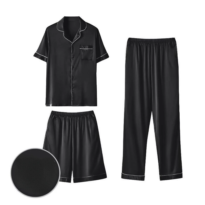 Men New Pajamas Three-piece Suit Imitation Silk Trousers Short Sleeve Sleepwear V-neck Thin Plus Size Loose Summer Homewear