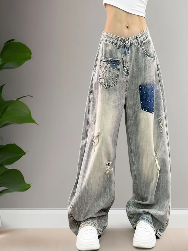 

Summer 2026 Women's Loose Fit Wide Leg Denim Jeans High Waist Casual Washed out Patchwork Color Block Pocket Detail Jeans