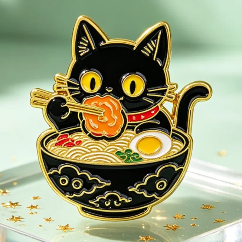 Cute Black Cat Eating Noodles Enamel Pin Lovely Animal Lapel Badge Backpack Clothes Decor Metal Brooch Daily Jewelry Gifts view 2