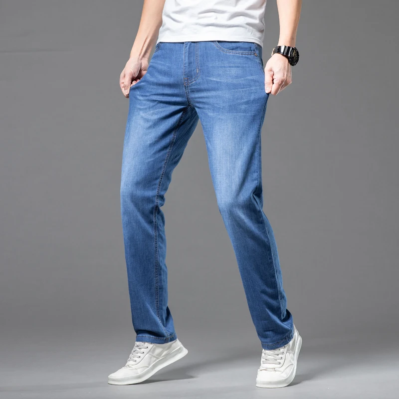 Summer Men's Thin Stretch Jeans Loose Straight Leg High Rise Casual Trendy Lightweight Versatile Youth Adult Comfort Fit