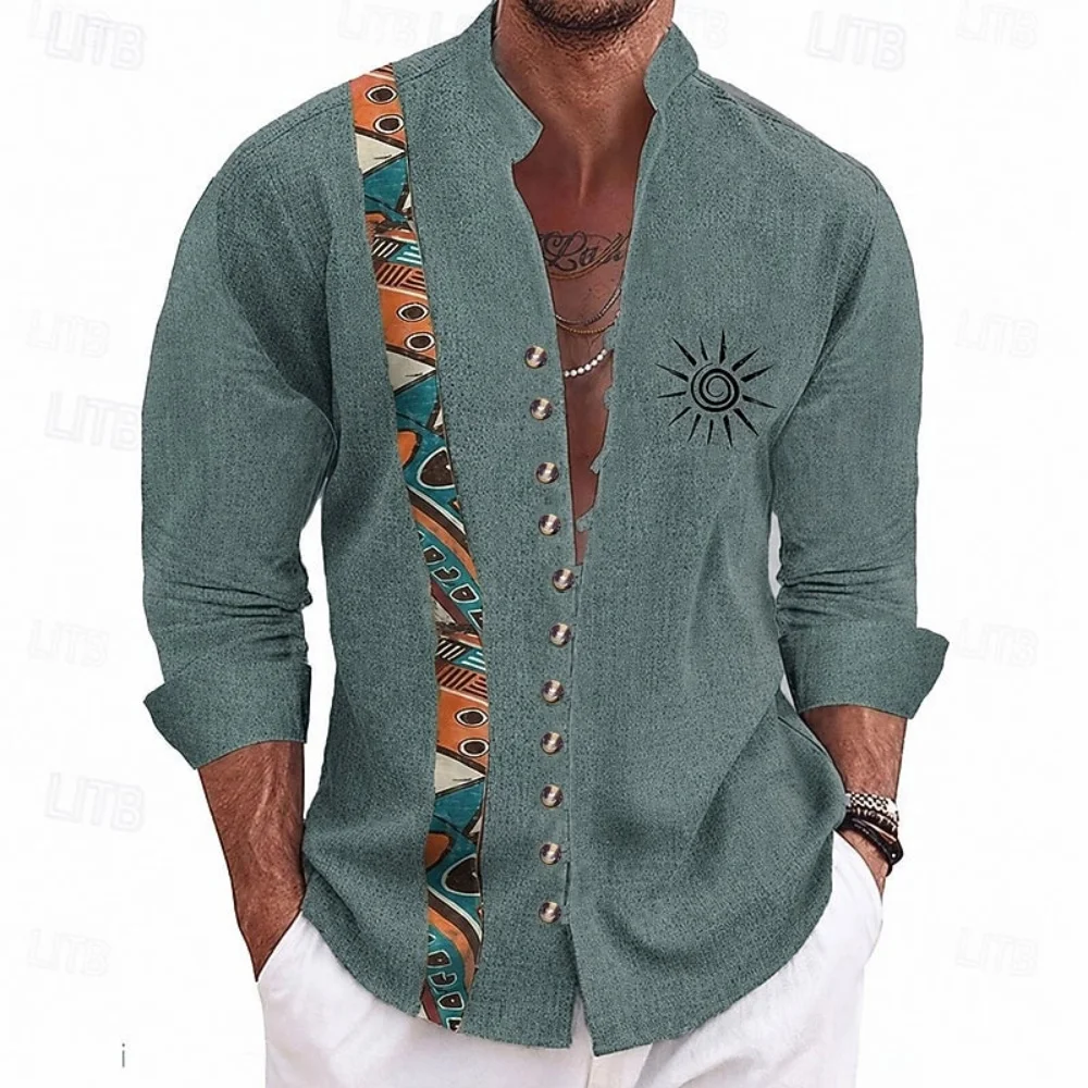 Men's Bohemian Linen Shirt with Khaki Base, Ethnic Wave Vertical Stripes and Sun Face Totem Pattern, Long Sleeved Casual Shirt