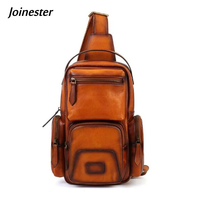 Unisex Full Grain Leather Vintage Chest Pack Pure Color Leisure Travel Commuting Bag Functional Soft Sling Bags