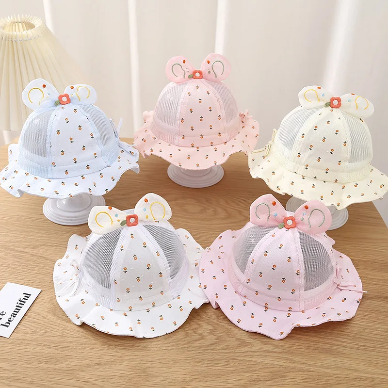 

5 Colors Summer Cute Floral Baby Fisherman Hat Adjustable Girls Sun Hat Infant Mesh Hats With Bow 0-8M