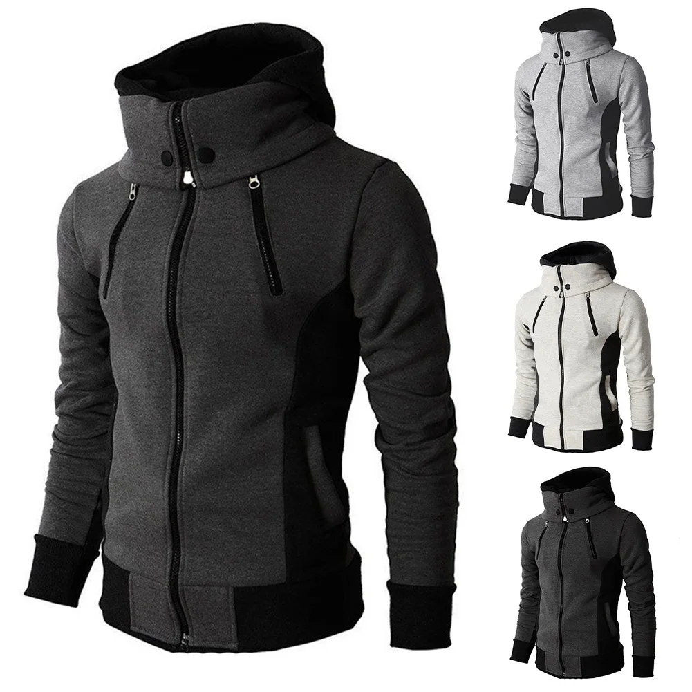 Men's Hoodie Jacket with Zipper Long Sleeve Sports Cardigan Sweatshirt Color Block Coat Suitable for Casual and Outdoor Use