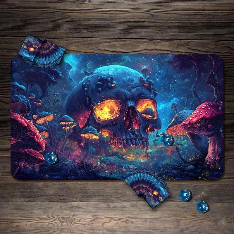 Fantasy Glowing Mushroom Forest Playmat Giant Skull Magical Enchanted Dark Woodland Neon Anti‑Slip Rubber 60x35cm TCG DND