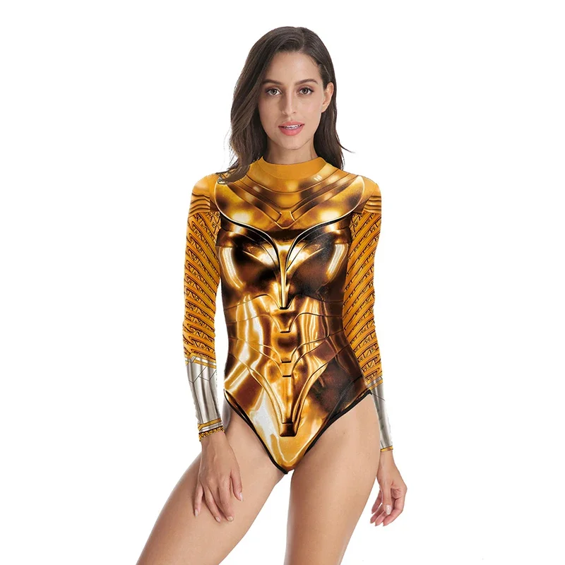 Cosplay de super-heróis para mulheres, impressão 3D, dourado, prateado, manga comprida, bodysuit apertado, zentai, roupa fetichista, fato muscular, filme, macacão