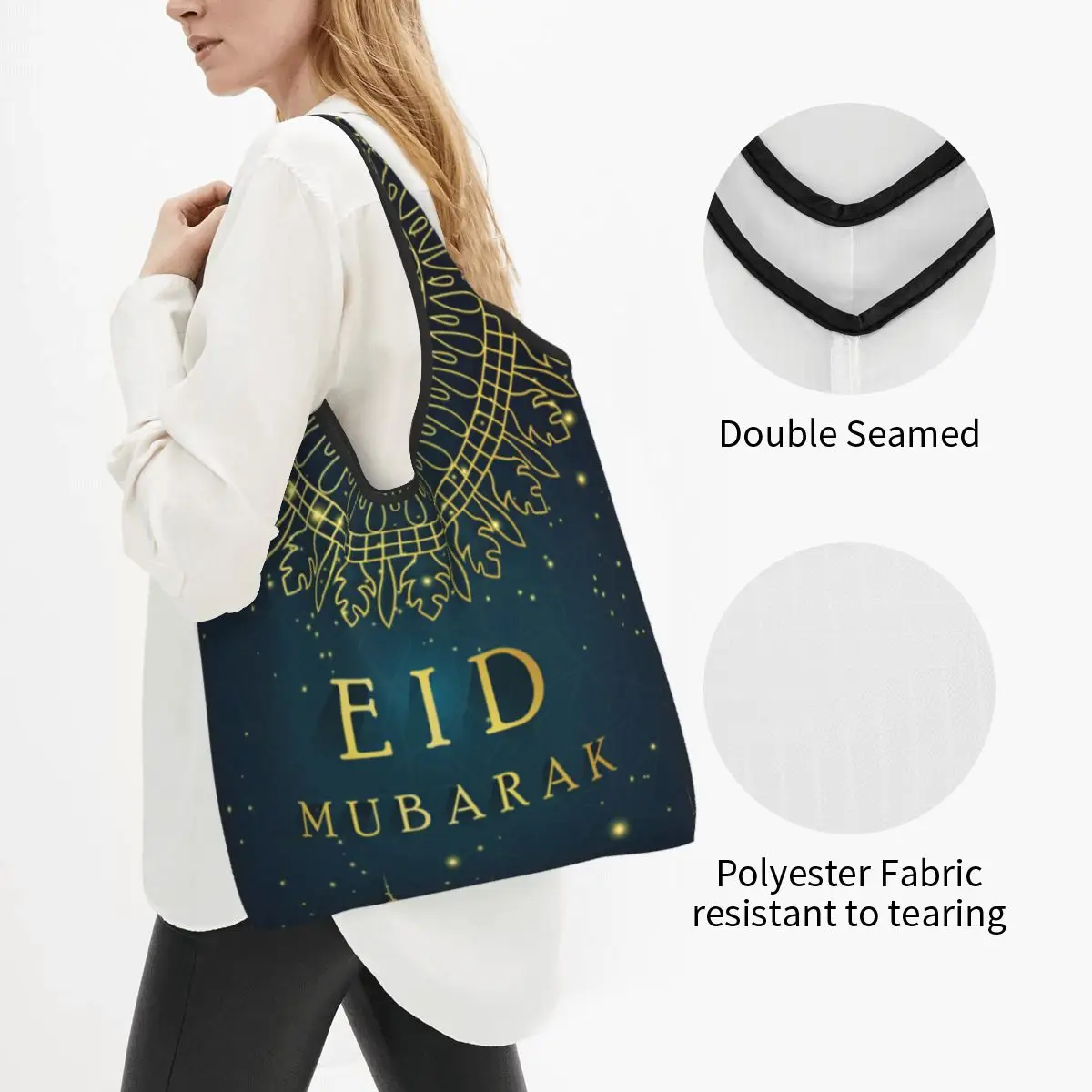 Fashion Abstract Eid Mubarak Shopping Tote Bag Portable Islamic Muslim Ramadan Kareem Grocery Shopper Shoulder Bag