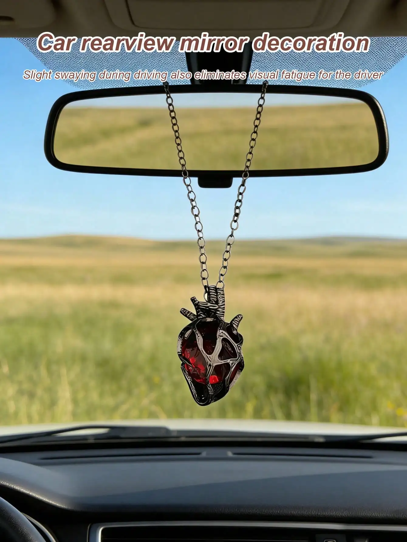 Anatomical Heart Car Pendant with Red & Blue Glass Core - Gothic Couple Necklace, Romantic Valentine's Day Gift