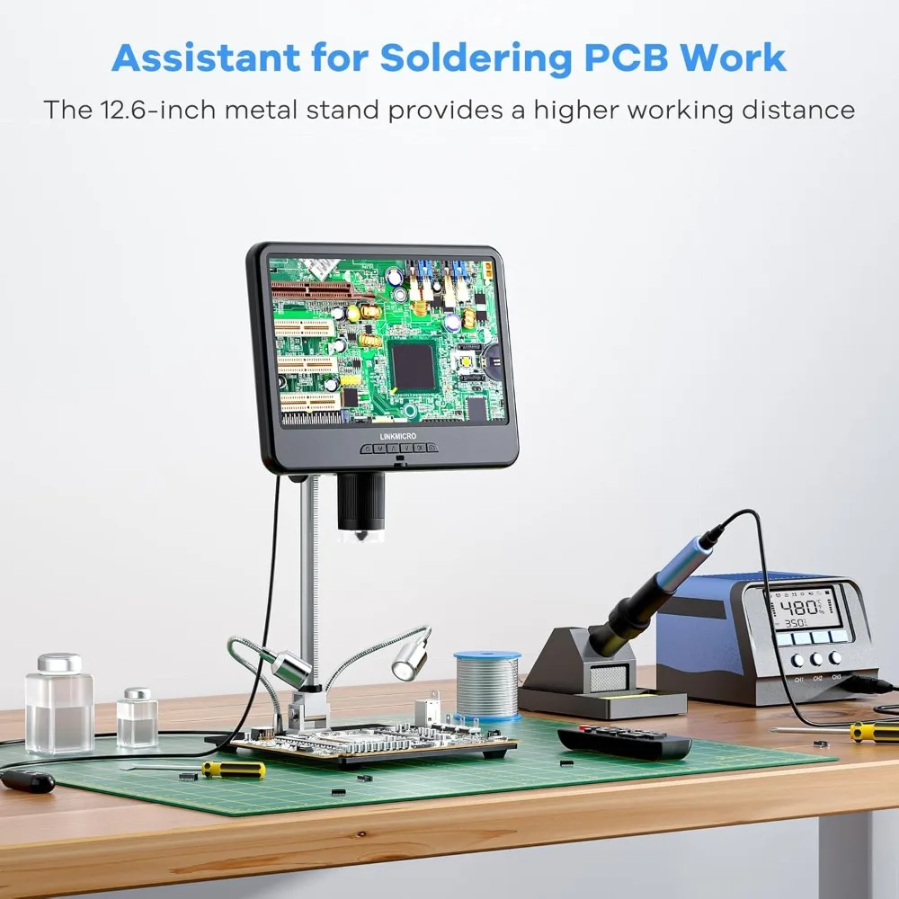 10.1 Inch LCD Digital Microscope 260X Magnification with 12.6 Inch Stand 32GB Coin Viewer Soldering Camera for Electronics
