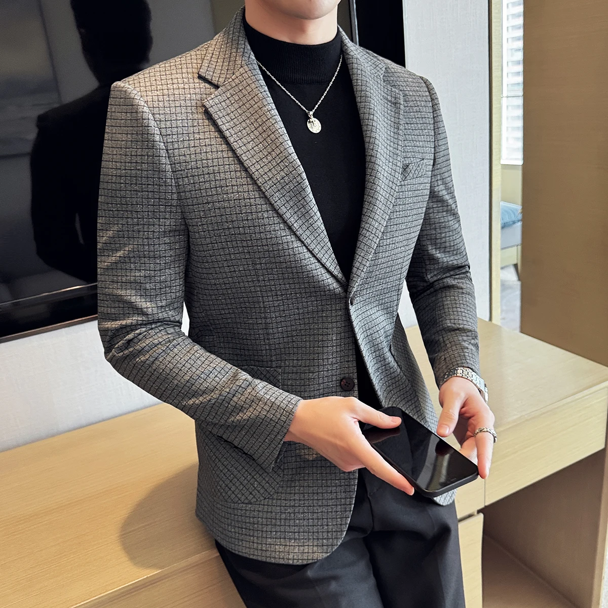 Britse Stijl Geruite Jasje Voor Mannen 2023 Nieuwe Business Casual Slanke Blazer Formele Bruiloft Pak Jurk Jassen Mannen Kleding