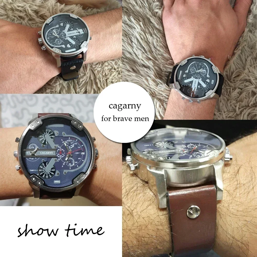 Men Luxury Watch Cool Big Case Quartz Watch for Men 2 Time Zones Watches Leather Casual Military Relogio Masculino Male Clock