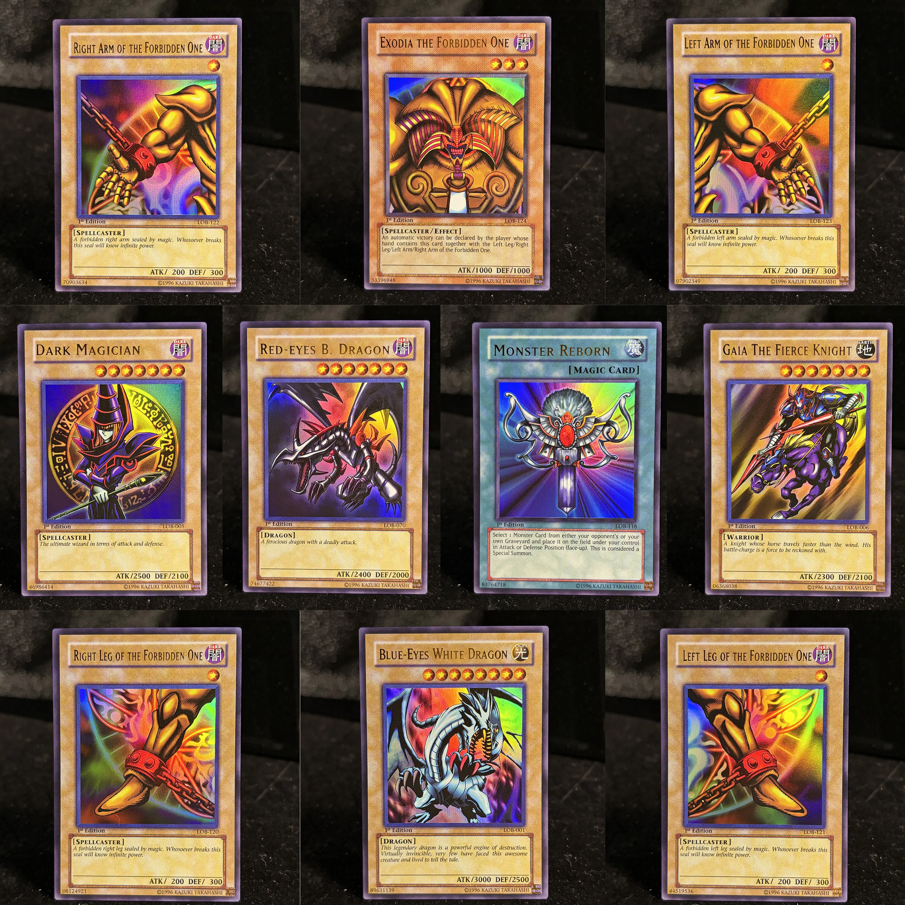Tarjeta Holo de Yu-Gi-Oh, Leyenda del Dragón Blanco de Ojos Azules (LOB), Exodia el Prohibido/Monstruo Renacido/Mago Oscuro, Tarjeta YGO 1ST EN