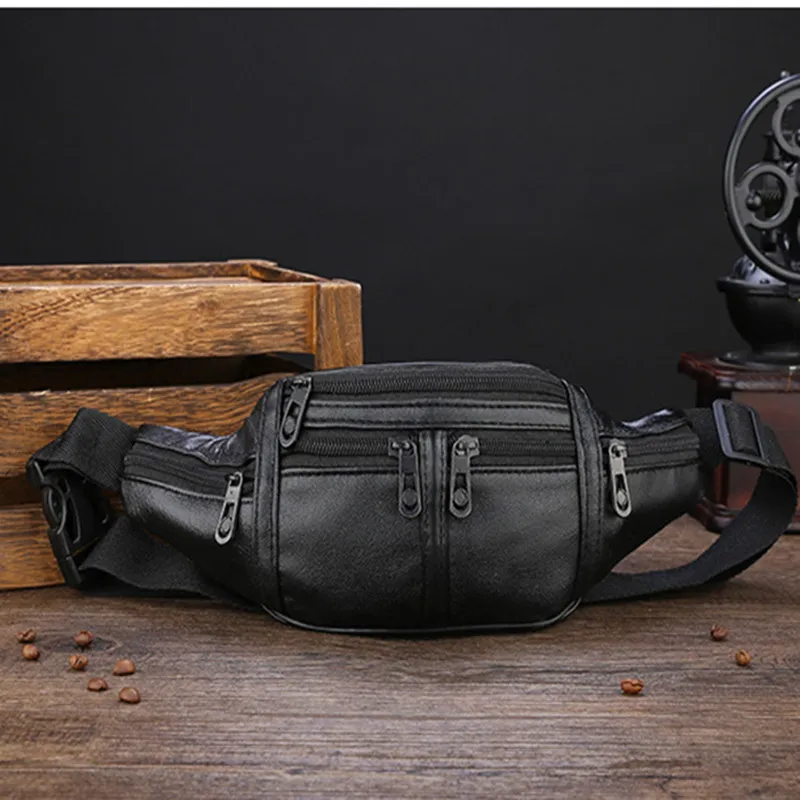 Riñonera deportiva de cuero PU para hombre, bolso de cintura para el pecho, resistente al agua, para exteriores, multifunción, color negro