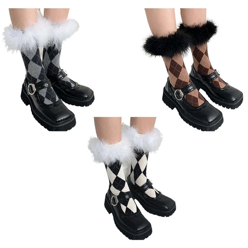 

Women Winter Sweet Furry Trim Calf Socks Harajuku Preppy Argyle Rhombus Diamond Plaid Pattern Stockings