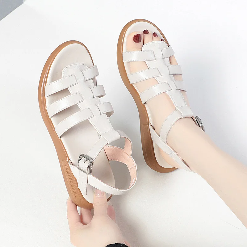 

2026 Genuine Leather Women Sandals Round Toe Low Heel Summer Women Shoes Roman Black Shoes for Women Handmade Shoes