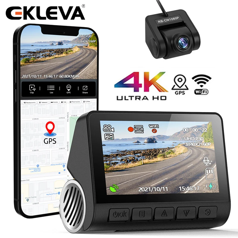 

EKLEVA Dash Cam 4K GPS Car DVR HD UHD 2160P Support Rear or Interior Cam Recorder Car Camera Night Vision 24H Parking