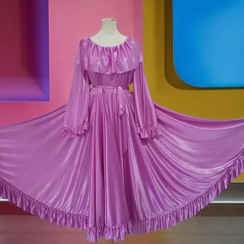 Men Women Sexy Glossy Ruffles Satin Long Sleeve Dress With Sash Oversized Skirt Hem Loose Maxi Dress Plus Size Sleeping Robe