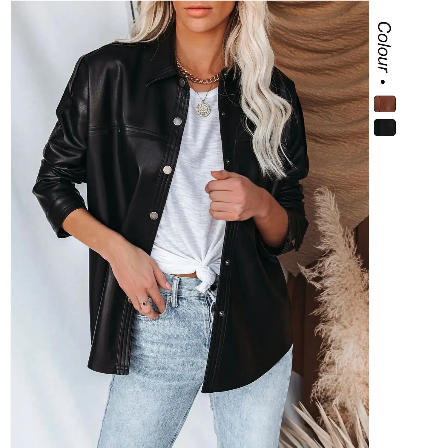 

Street Faion Long Sve Leather Jacket Autumn Winter Flip Collar Two Colors Thin Artificial Leather Women's Coat