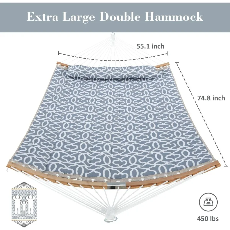 Гамаки 13,8 футов, двойной гамак из стеганой ткани со съемной изогнутой бамбуковой перекладиной и мягкой подушкой