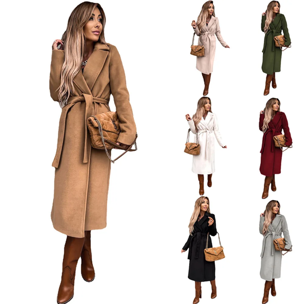 Autumn Winter Women's Solid  Lapel Long Sleeved Woolen Coats Simple Strap Windbreaker Coat Пальто Бордовое Женское Winter Coats