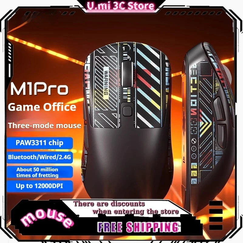 M1pro Wireless Bluetooth Three Modes Paw3311 Sensor 12000dpi Ergonomically Designed Rechargeable Tablet Laptop Gaming Mouse